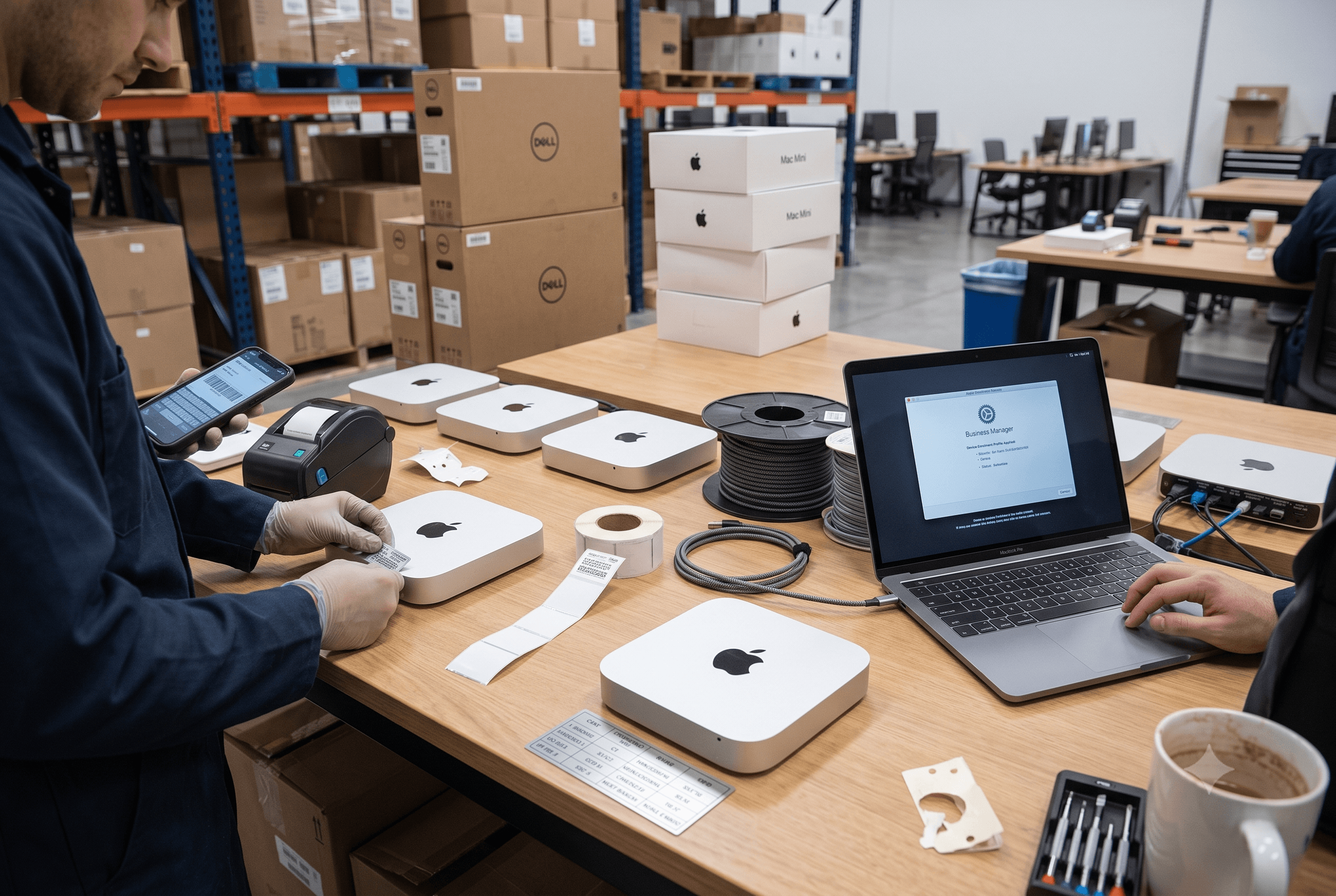 Mac mini units being asset-tagged and enrolled before corporate delivery
