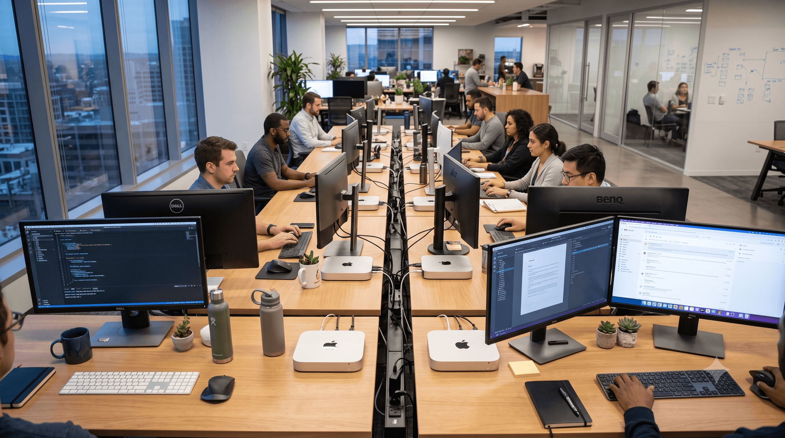 Row of Mac mini units set up across a corporate office desk deployment