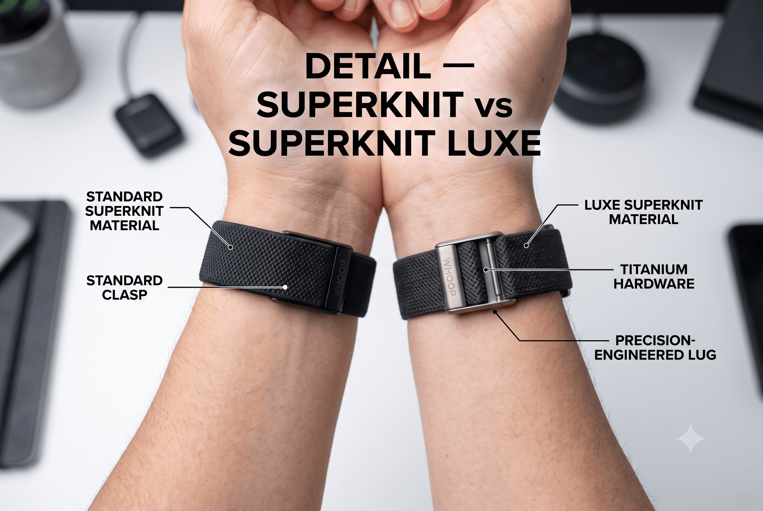 WHOOP SuperKnit band and SuperKnit Luxe band with titanium hardware compared