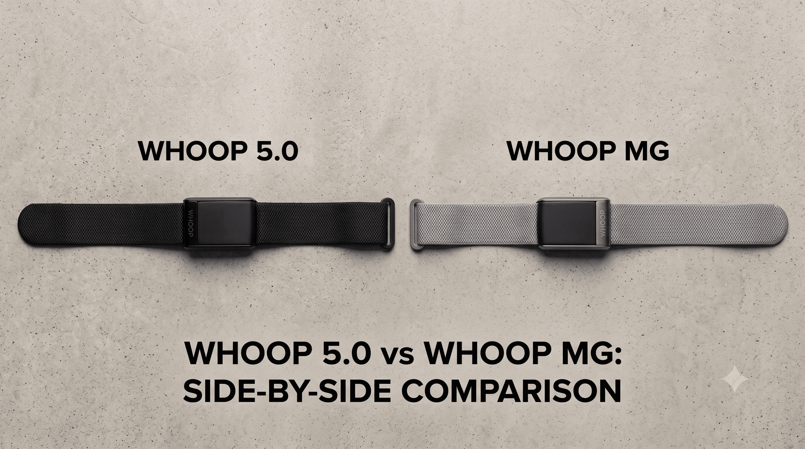 WHOOP 5.0 and WHOOP MG wearables shown side by side on a neutral surface